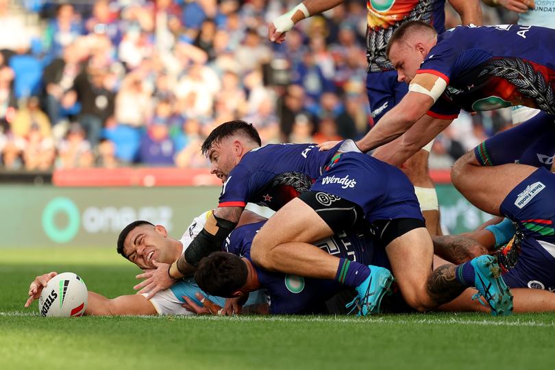 AUCKLAND, NEW ZEALAND - APRIL 25: David Fifita of the Titans scores a try during the round eight NRL match between New Zealand Warriors and Gold Coast Titans at Go Media Stadium Mt Smart, on April 25, 2024, in Auckland, New Zealand. (Photo by Phil Walter/Getty Images)