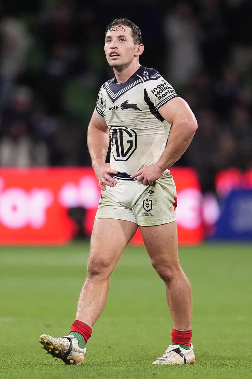 MELBOURNE, AUSTRALIA - APRIL 25: Cameron Murray of the Rabbitohs reacts after losing the round eight NRL match between Melbourne Storm and South Sydney Rabbitohs at AAMI Park on April 25, 2024, in Melbourne, Australia. (Photo by Daniel Pockett/Getty Images)