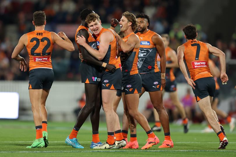 CANBERRA, AUSTRALIA - APRIL 25: Tom Green of the Giants celebrates a goal during the round seven AFL match between Greater Western Sydney Giants and Brisbane Lions at Manuka Oval on April 25, 2024 in Canberra, Australia. (Photo by Jason McCawley/AFL Photos/via Getty Images )