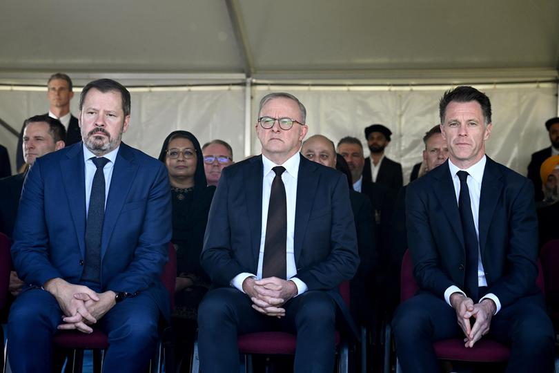 Prime Minister Anthony Albanese (centre) along with Industry and Science Minister Ed Husic and NSW premier Chris Minns (right) during the funeral for Faraz Tahir.