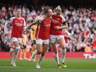 LONDON, ENGLAND - APRIL 21: Alessia Russo of Arsenal celebrates with teammate Caitlin Foord after scoring her team's second goal during the Barclays Women's Super League match between Arsenal FC and Leicester City at Emirates Stadium on April 21, 2024 in London, England. (Photo by Alex Burstow/Arsenal FC via Getty Images)