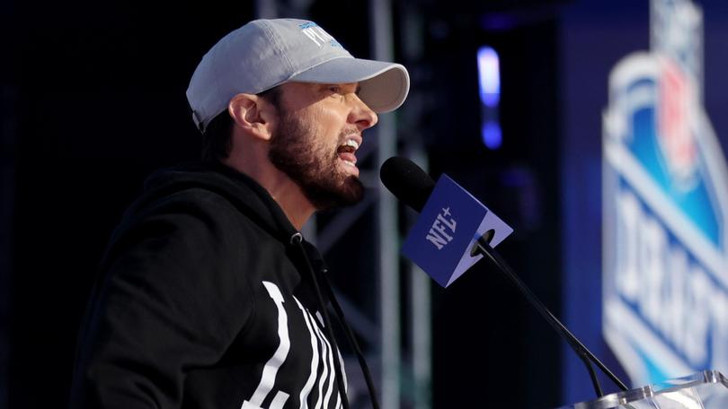 Rapper Marshall "Eminem" Mathers speaks during the first round of the 2024 NFL Draft.