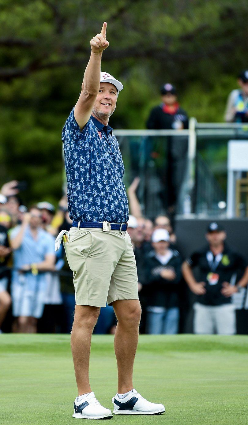 ADELAIDE, AUSTRALIA - APRIL 26:  Matt Jones of the Ripper GC 
 celebrates a birdie putt on the 12th during LIV Adelaide at The Grange Golf Club on April 26, 2024 in Adelaide, Australia. (Photo by Mark Brake/Getty Images)