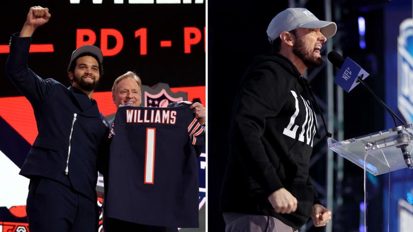 Caleb Williams poses with NFL Commissioner Roger Goodell and rapper Marshall "Eminem" Mathers at the 2024 NFL Draft.