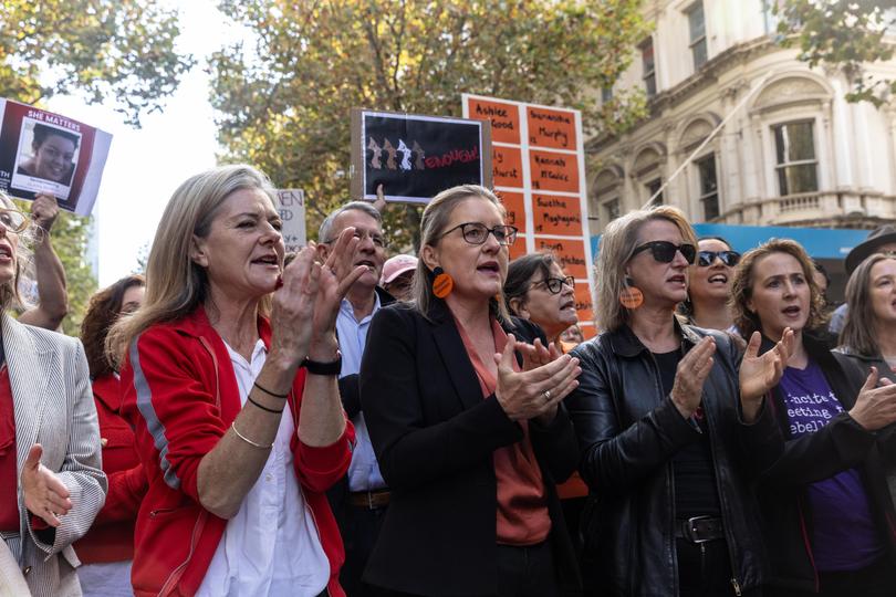 MELBOURNE, AUSTRALIA - APRIL 28: Victorian Premier Jacinta Allan (centre) takes part in a rally against women's violence on April 28, 2024 in Melbourne, Australia. Australians around the country turned out in large numbers to call for an end to gender-based violence, highlighted in a series of recent attacks on women that have forced state governments into action on the issue. (Photo by Diego Fedele/Getty Images) Diego Fedele