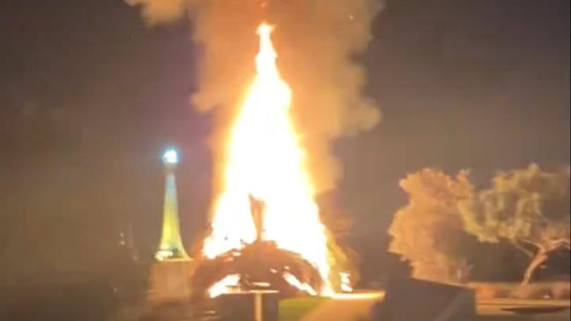 palm trees along the St Kilda promenade have been engulfed in flames