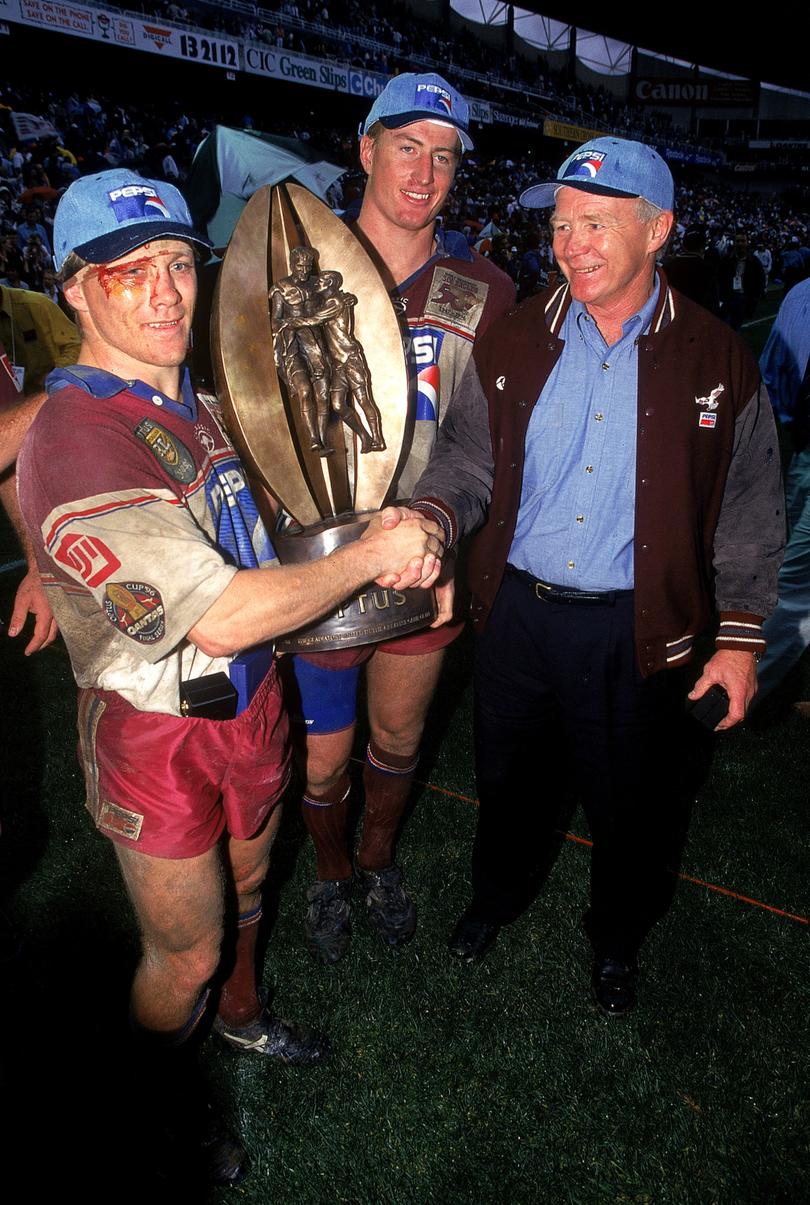 Geoff Toovey, Steve Menzies and Bob Fulton of the Sea Eagles holds aloft the winners trophy after the ARL Grand Final between the Manly Warringah Sea Eagles and the St George Dragons at the Sydney Football Stadium September 29, 1996 in Sydney, Australia. 