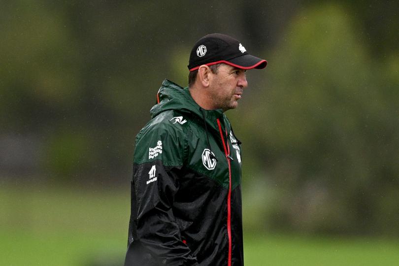 Rabbitohs head coach Jason Demetriou is seen during a team training session at Heffron Park, Maroubra, Sydney, Tuesday, April 30, 2024. 