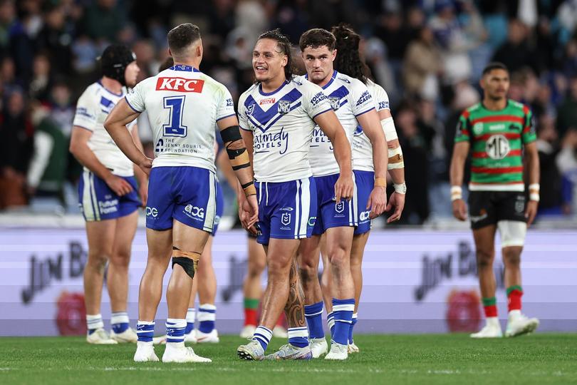 SYDNEY, AUSTRALIA - JULY 08: Jake Averillo of the Bulldogs and Jackson Topine of the Bulldogs celebrate winning the round 19 NRL match between South Sydney Rabbitohs and Canterbury Bulldogs at Accor Stadium on July 08, 2023 in Sydney, Australia. (Photo by Cameron Spencer/Getty Images)