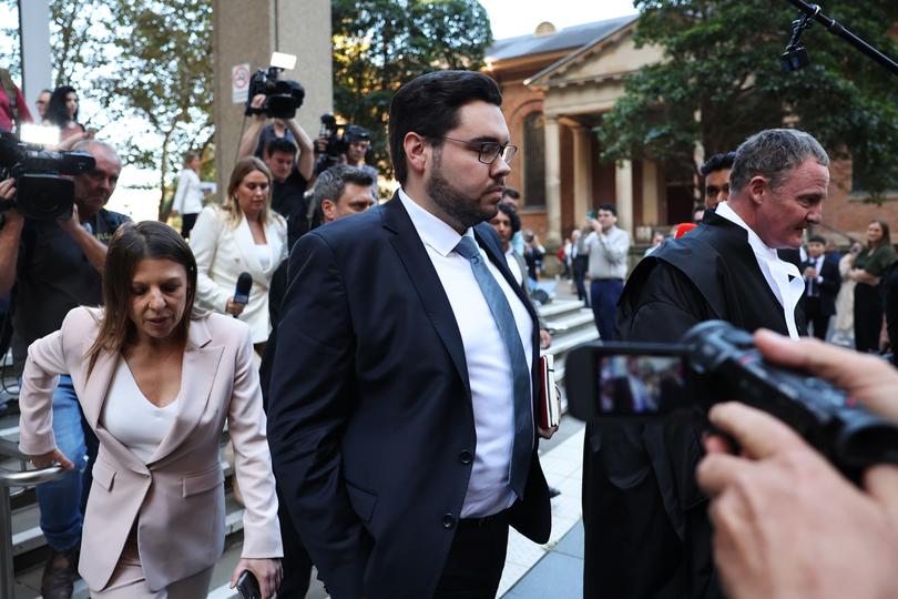 SYDNEY, AUSTRALIA - APRIL 15: Bruce Lehrmann emerges from court on April 15, 2024 in Sydney, Australia. Justice Michael Lee has ruled in favour of Network Ten and journalist Lisa Wilkinson in Bruce Lehrmann's defamation case. The case arose from allegations aired on 'The Project' news program, in which Brittany Higgins claimed she was raped by a colleague in Parliament House. Lehrmann, who denied any sexual contact with Ms Higgins, alleged defamation by the broadcast, despite not being explicitly named. The court found that Lehrmann had raped Brittany Higgins on the balance of probabilities. (Photo by Don Arnold/Getty Images)
