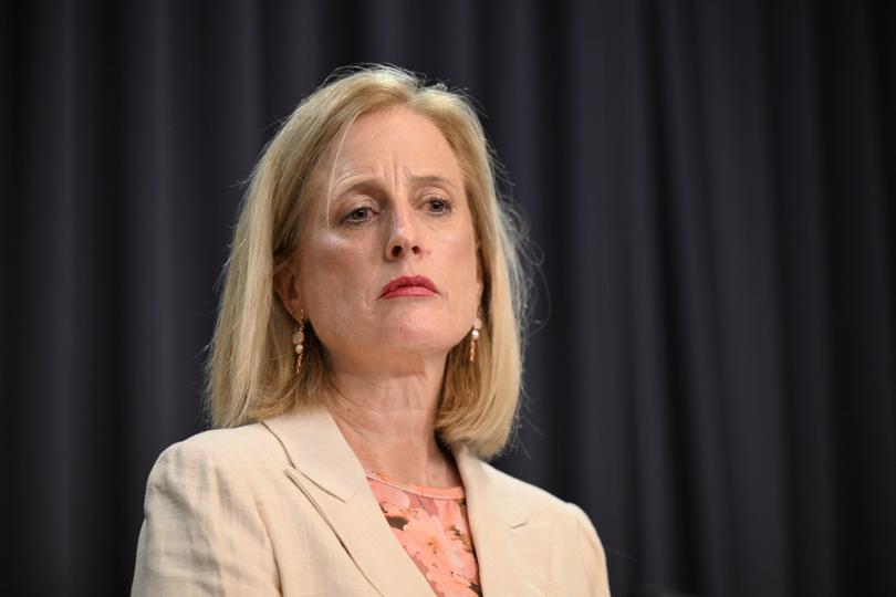 Australian Finance Minister Katy Gallagher speaks to media during a press conference at Parliament House in Canberra, Wednesday, December 13, 2023. (AAP Image/Lukas Coch) NO ARCHIVING