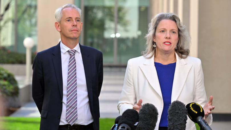 Minister for Immigration Andrew Giles and Minister for Home Affairs Clare O’Neil at a press conference at Parliament House in Canberra, Wednesday, March 27, 2024. 