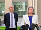 Minister for Immigration Andrew Giles and Minister for Home Affairs Clare O’Neil at a press conference at Parliament House in Canberra, Wednesday, March 27, 2024. 