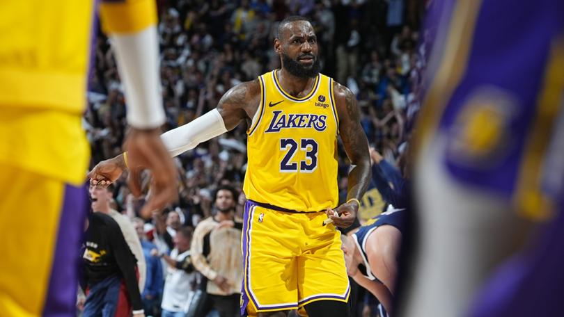 Los Angeles Lakers forward LeBron James reacts as time runs out in the second half of the final playoff game against the Denver Nuggets.