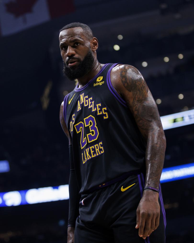 TORONTO, CANADA - APRIL 2: LeBron James #23 of the Los Angeles Lakers walks the court during a break in play against the Toronto Raptors in the first half at Scotiabank Arena on April 2, 2024 in Toronto, Canada. NOTE TO USER: User expressly acknowledges and agrees that, by downloading and or using this photograph, User is consenting to the terms and conditions of the Getty Images License Agreement. (Photo by Cole Burston/Getty Images)