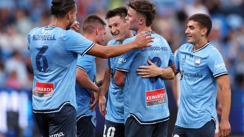 SYDNEY, AUSTRALIA - APRIL 28: Joseph Lolley of Sydney FC celebrates kicking a goal with team mates during the A-League Men round 26 match between Sydney FC and Perth Glory at Allianz Stadium, on April 28, 2024, in Sydney, Australia. (Photo by Cameron Spencer/Getty Images)
