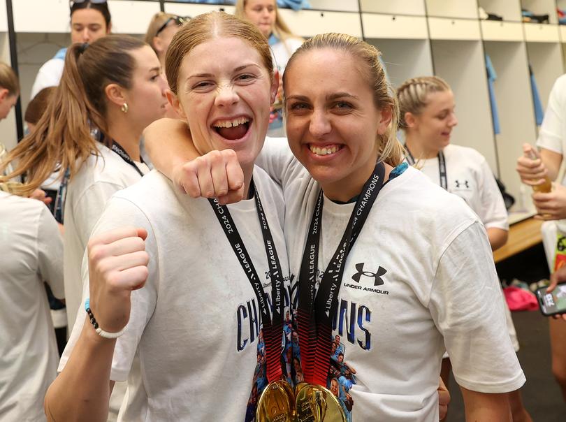 MELBOURNE, AUSTRALIA - MAY 04: Cortnee Vine of Sydney FC and Mackenzie Hawkesby of Sydney FC celebrate winning the Championship during the A-League Women Grand Final match between Melbourne City and Sydney FC at AAMI Park, on May 04, 2024, in Melbourne, Australia. (Photo by Kelly Defina/Getty Images)