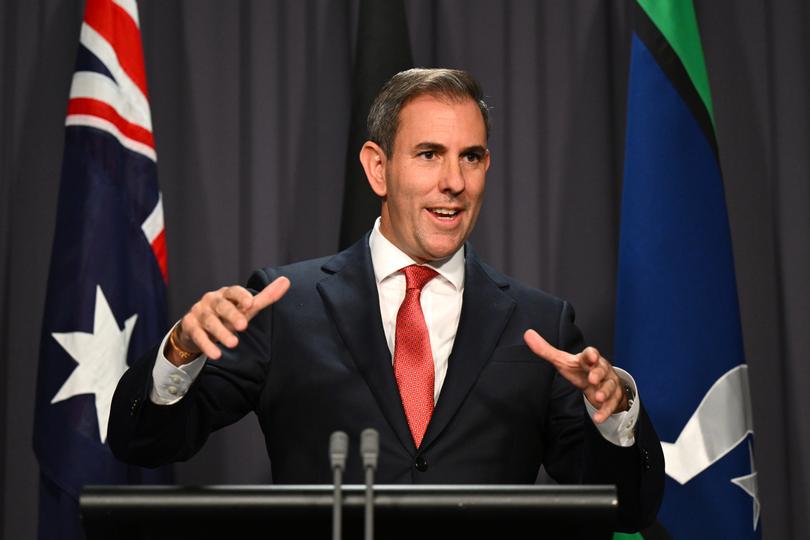 Australian Treasurer Jim Chalmers speaks to the media during a press conference at Parliament House in Canberra, Monday, April 22, 2024. (AAP Image/Lukas Coch) NO ARCHIVING