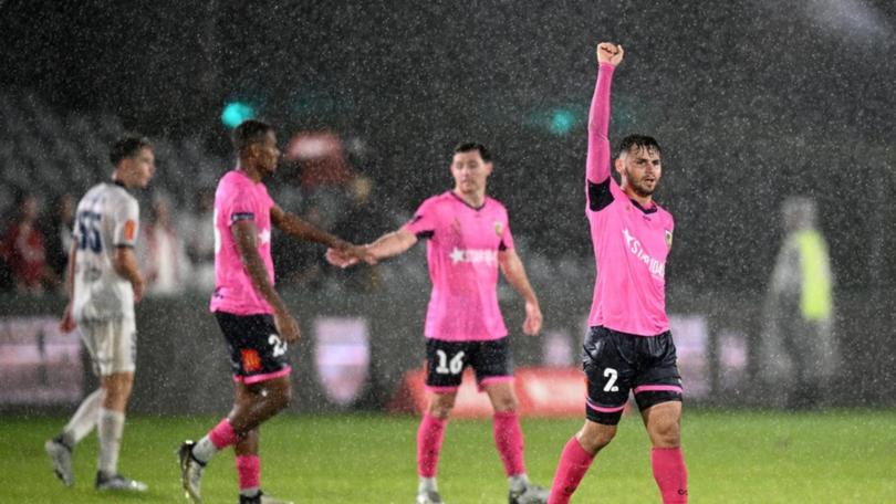 Mariners' Michael Doka in celebratory pose. He and his team-mates have now become AFC Cup winners. (Dan Himbrechts/AAP PHOTOS)