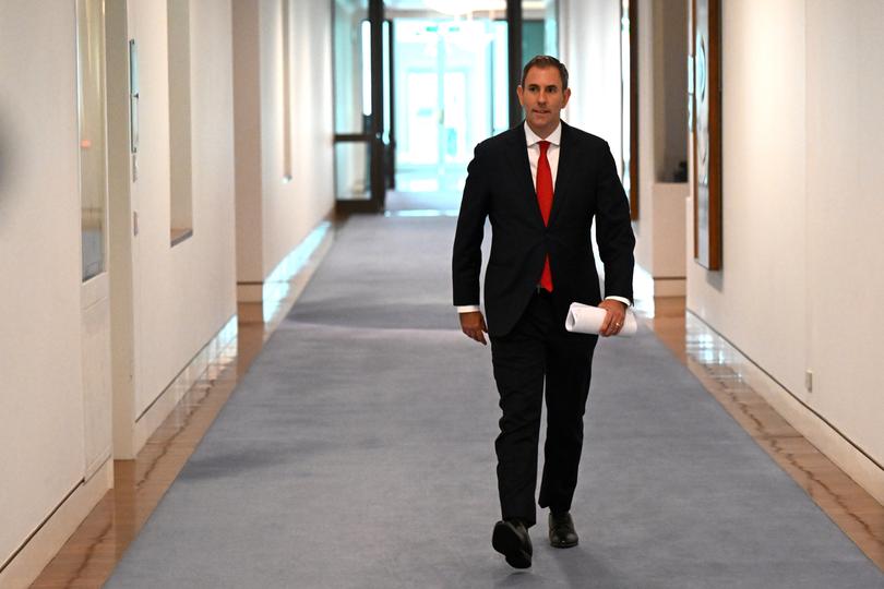 Australian Treasurer Jim Chalmers arrives for a press conference at Parliament House in Canberra, Wednesday, March 6, 2024. (AAP Image/Lukas Coch) NO ARCHIVING
