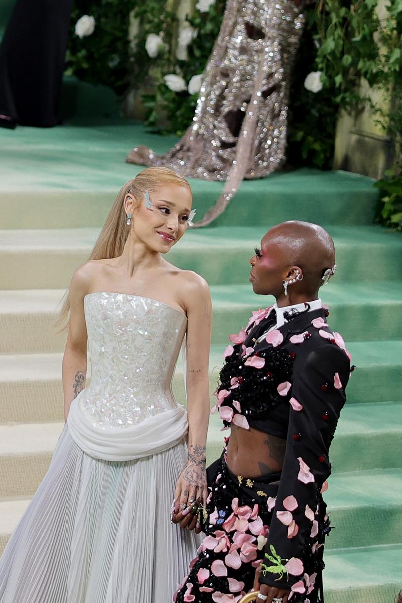 Wicked stars Ariana Grande in custom Loewe and Cynthia Erivo in Thom Browne. (Photo by Neilson Barnard/MG24/Getty Images for The Met Museum/Vogue)