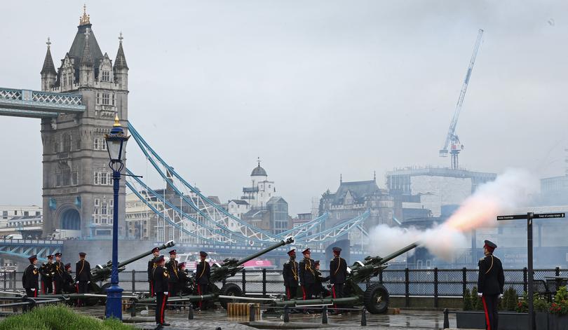 Members of the Honourable Artillery Company fire a 62-gun royal salute, to mark the first Anniversary of the Coronation of Britain's King Charles III and Britain's Queen Camilla.