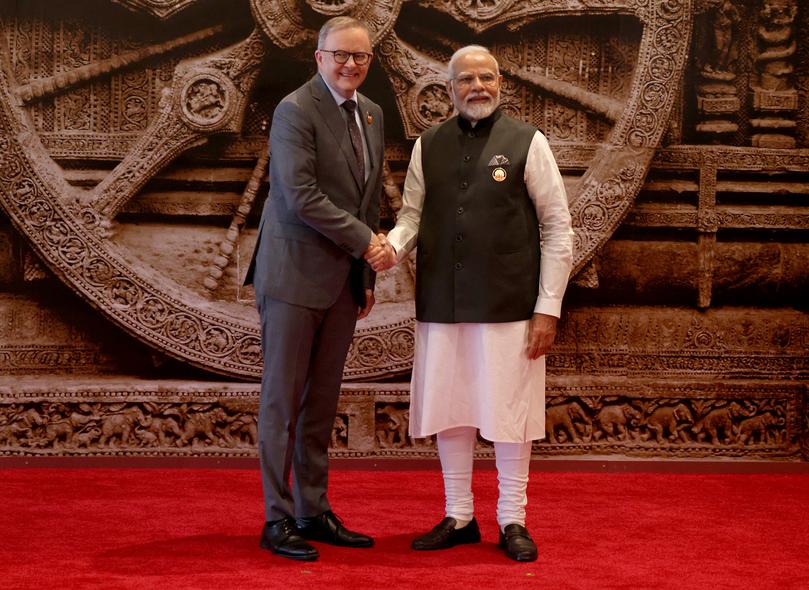 NEW DELHI, INDIA - SEPTEMBER 9: Prime Minister Narendra Modi of India welcomes the Prime Minister of Australia Anthony Albanese to  the G20 Leaders' Summit on September 9, 2023 in New Delhi, Delhi. This 18th G20 Summit between 19 countries and the European Union, and now the African Union, is the first to be held in India and South Asia. India's Prime Minister, Narendra Modi, is the current G20 President and chairs the summit.  (Photo by Dan Kitwood/Getty Images)