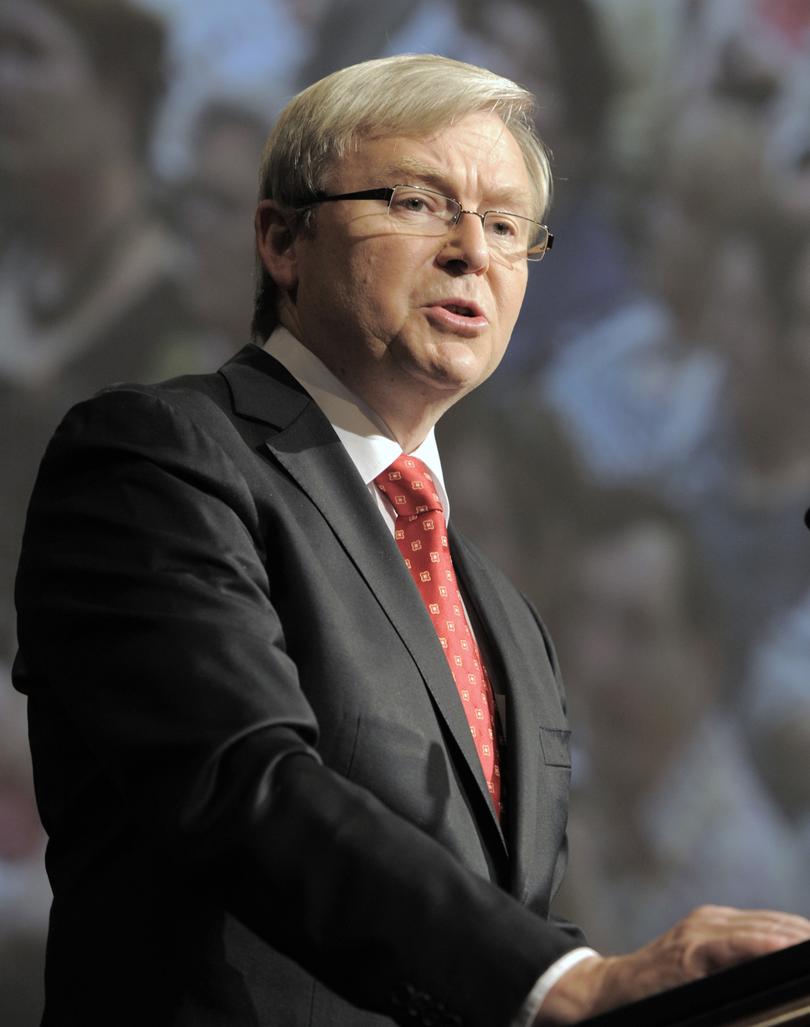 Australian Prime Minister Kevin Rudd speaks at a ceremony in the Australian capital of Canberra, Monday, Nov. 16, 2009, where he issued an apology to thousands of impoverished British children shipped to Australia with the promise of a better life, only to suffer abuse and neglect thousands of miles from home. (AP Photo/Mark Graham)