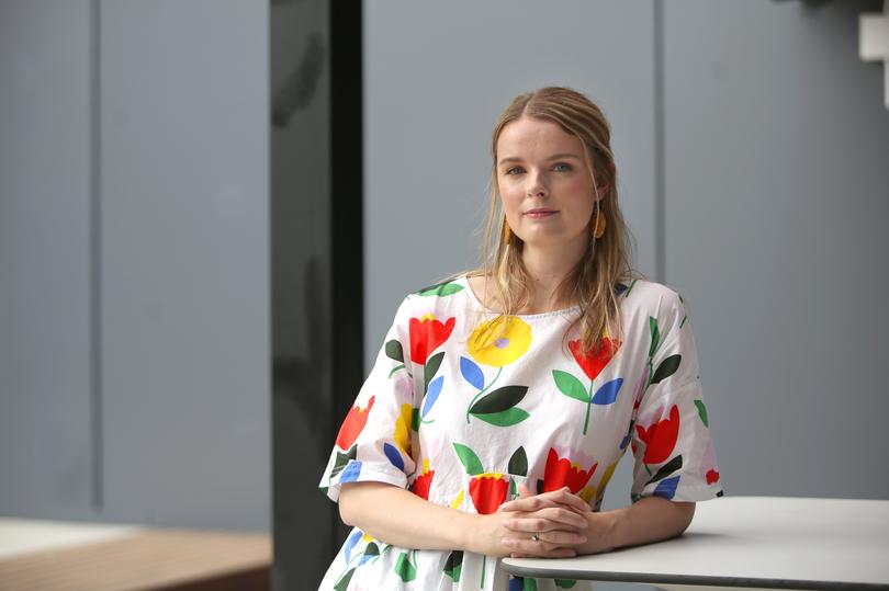 Portrait of The West Australian Best Australian Yarn Competition Entrant Sharleigh Crittenden who is one of fifty Finalists photographed in tne Sydney CBD. Sydney. November 9, 2023. Photograph by James Alcock / West Australian