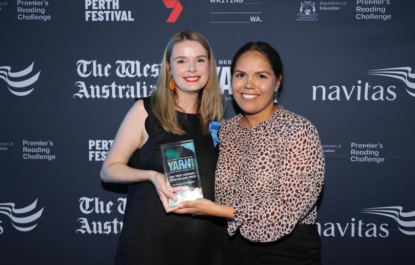 Best Australian Yarn competition event at WA Museum. Pictured - Sharleigh Crittenden with Emma Garlett