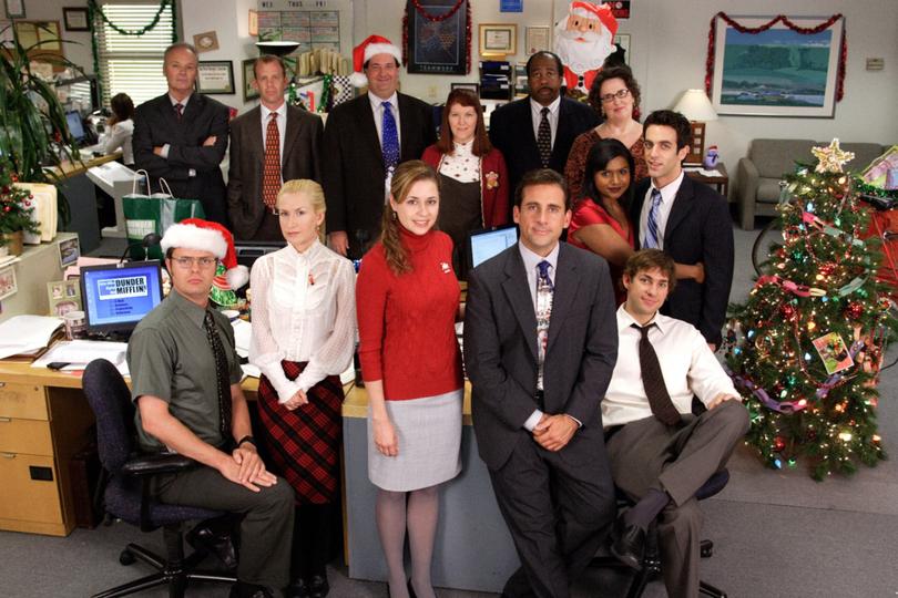 THE OFFICE -- "Christmas" Episode 3009 -- Pictured: Back Row (l-r), Creed Bratton as Creed, Paul Liberstein as Toby, Brian Baumgartner as Kevin Malone, Kate Flannery as Meredith Palmer, Leslie David Baker as Stanley Hudson, Phyllis Smith as Phyllis Lapin, Mindy Kaling as Kelly Kapoor, B.J. Novak as Ryan Howard, Front Row (l-r) Rainn WIlson as Dwight Schrute, Angela Kinsey as Angela Martin, Jenna Fischer as Pam Beesly, Steve Carell as Michael Scott, John Krasinski as Jim Halpert -- NBC Photo: Paul Drinkwater