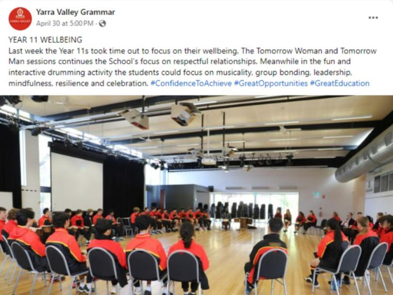 Yarra Valley Grammar Year 11 students - who are now at the centre of an offensive 'ranking' scandal - attended a workshop with Tomorrow Man that continues the school's "focus on respectful relationships"