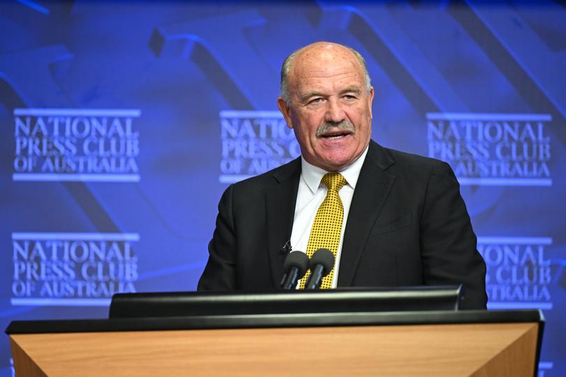 Australian former professional rugby league footballer Wally Lewis addresses the National Press Club in Canberra, Tuesday, April 23, 2024. (AAP Image/Lukas Coch) NO ARCHIVING