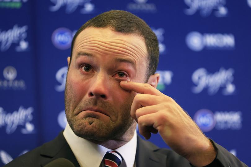 SYDNEY, AUSTRALIA - JUNE 14: Roosters player Boyd Cordner looks on as he announces his retirement from Rugby League during a Sydney Roosters NRL media opportunity at Sydney Cricket Ground on June 14, 2021 in Sydney, Australia. (Photo by Mark Evans/Getty Images)