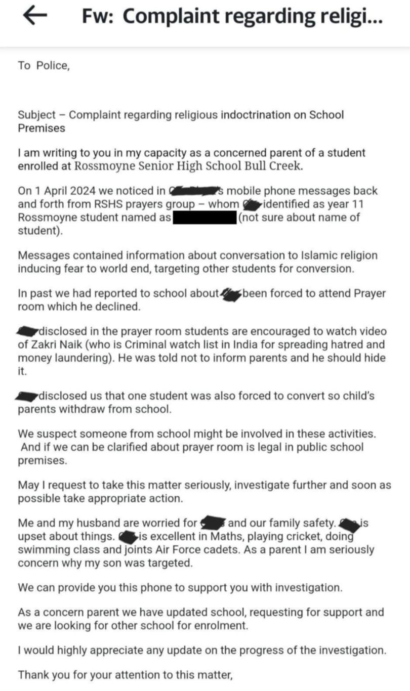 Complaint from a parent about prayer room at Rossmoyne Senior High School Unknown