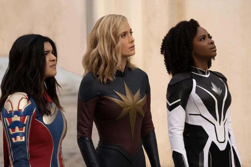 Iman Vellani, Brie Larson and Teyonah Parris in The Marvels.