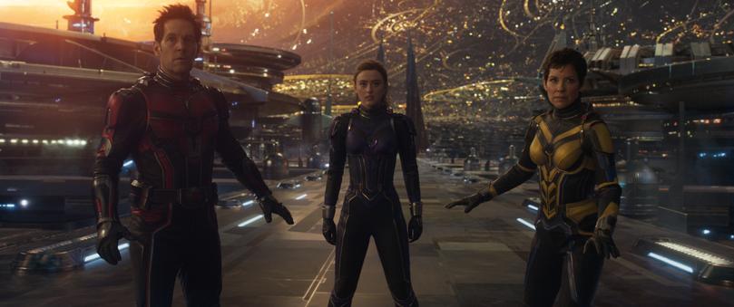 (L-R): Paul Rudd as Scott Lang/Ant-Man, Kathryn Newton as Cassandra "Cassie" Lang, Evangeline Lilly as Hope Van Dyne/Wasp in Marvel Studios' ANT-MAN AND THE WASP: QUANTUMANIA. Photo courtesy of Marvel Studios. © 2022 MARVEL.