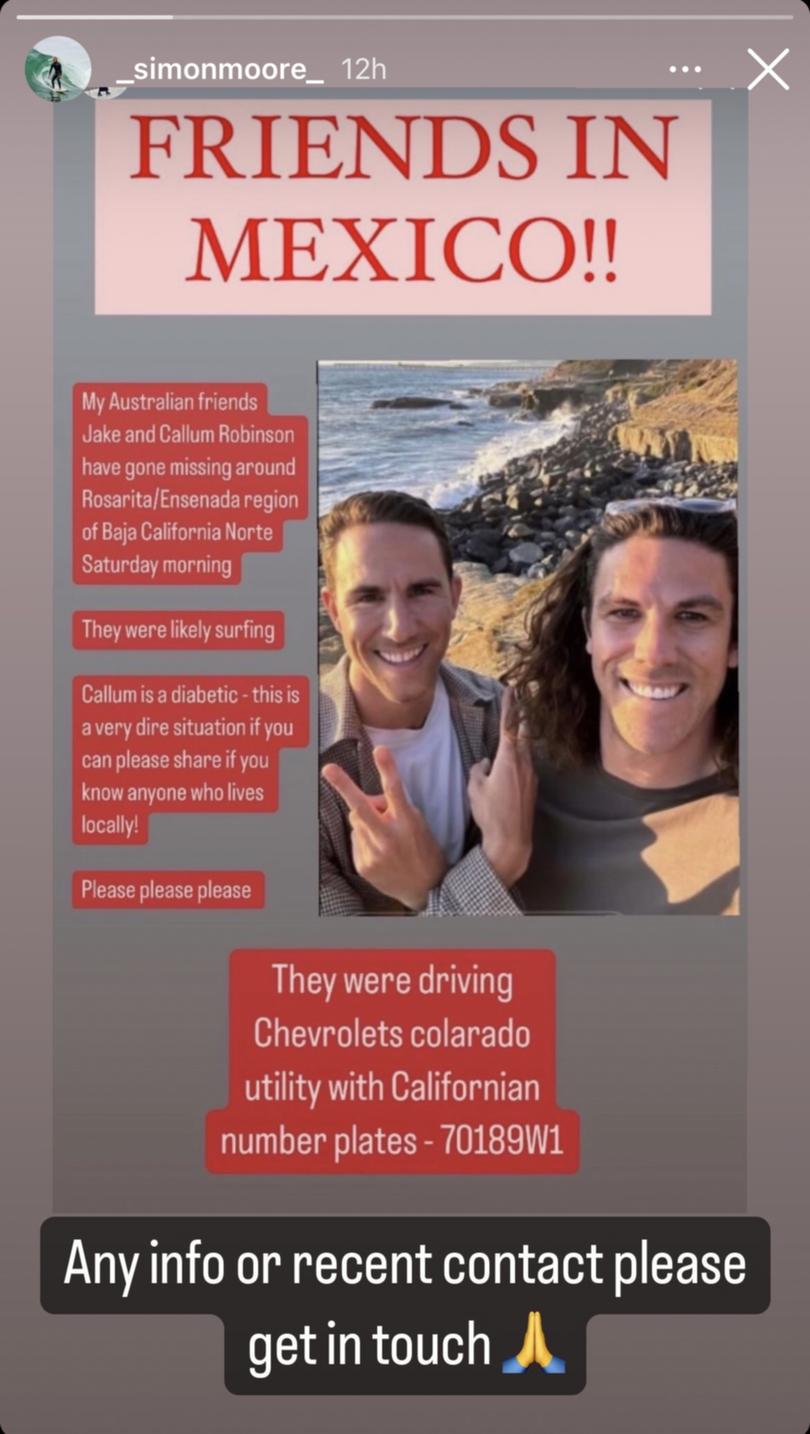 Robinson brothers - missing in Mexico.
Pictured posts on social media on the missing men Callum Robinson and Jake Robinson