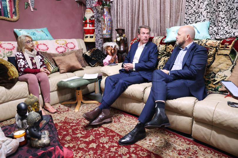 Home invasion victim Ninnette Simons speaks to Shadow Immigration Minister Dan Tehan and Senator Matt O'Sullivan about her terrifying experience during the home invasion.