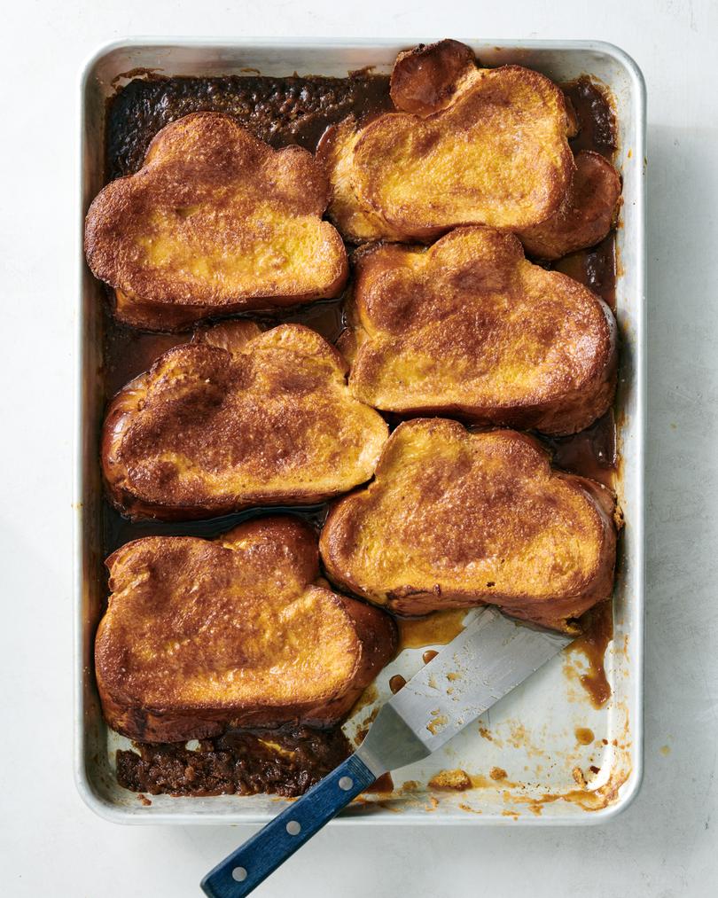 Brown sugar sheet-pan french toast. Brown sugar creates a glossy, candylike crust in this simplified version of French toast. Food styled by Simon Andrews. (David Malosh/The New York Times)