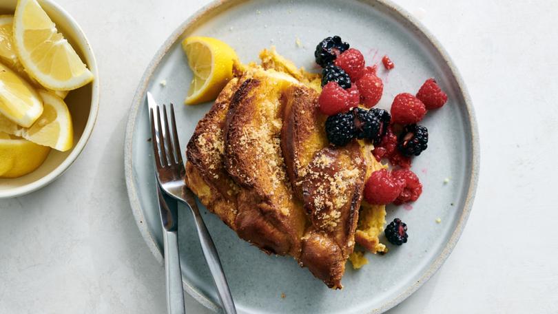 Lemon souffl French toast. A cross between bread pudding and souffl, this take on French toast features a lemon-scented sugar sprinkled on top. Food styled by Simon Andrews. (David Malosh/The New York Times)