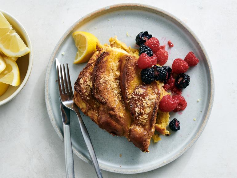 Lemon souffl French toast. A cross between bread pudding and souffl, this take on French toast features a lemon-scented sugar sprinkled on top. Food styled by Simon Andrews. (David Malosh/The New York Times)