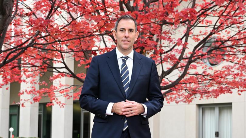 Australian Treasurer Jim Chalmers poses for photographers under the ‘budget tree’ at Parliament House in Canberra, Wednesday, May 8, 2024. (AAP Image/Lukas Coch) NO ARCHIVING LUKAS COCH