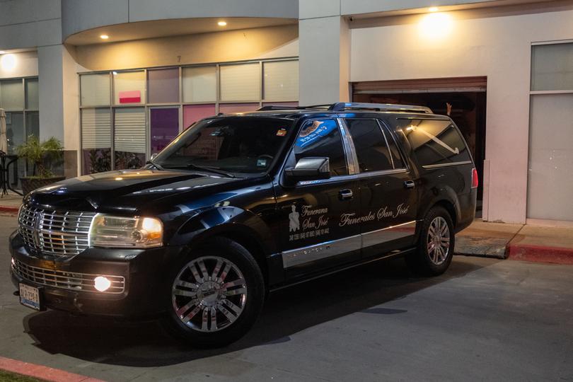 A hearse from San Jose Mortuary, with the remains of the two Australians surfers.