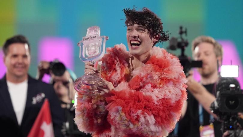 Nemo of Switzerland celebrates his win at the Eurovision Song Contest in Malmo, Sweden.