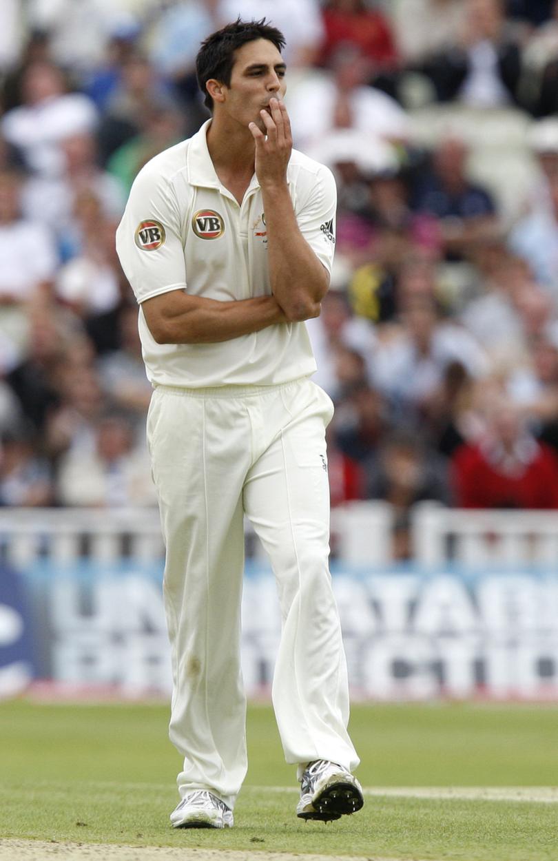 Australia's Mitchell Johnson reacts after bowling on the second day of the third cricket test match between England and Australia at Edgbaston cricket ground in Birmingham in 2009.