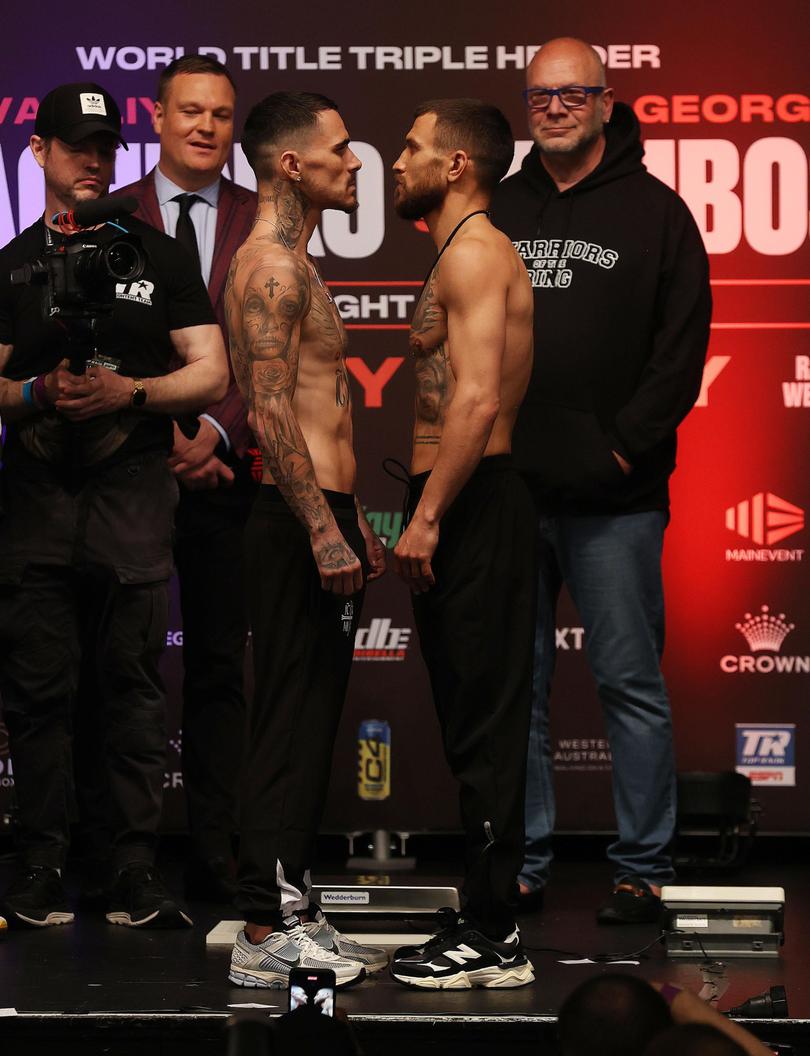 George Kambosos Jr and Vasiliy Lomachenko at the weigh-in.