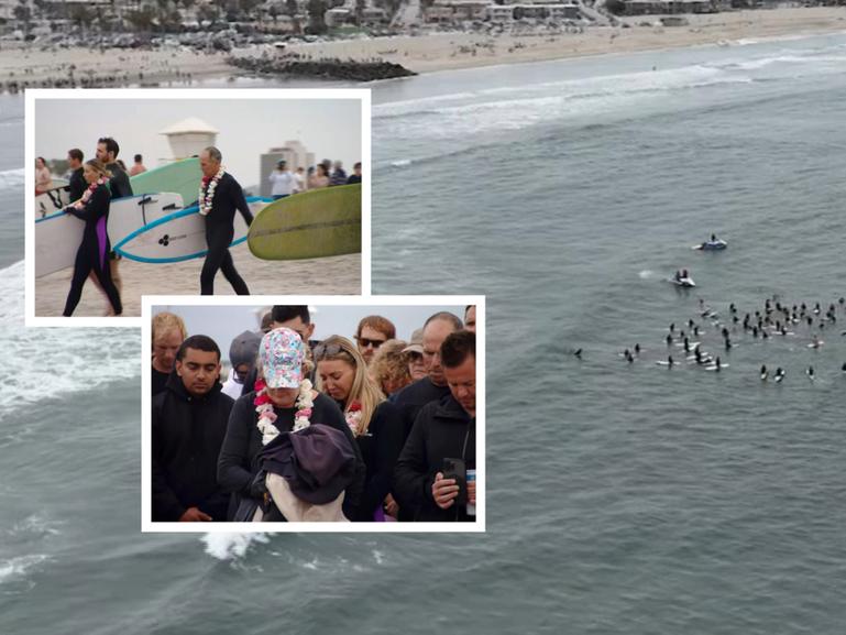 Perth brothers Jake and Callum Robinson have been honoured at an emotional memorial with their heartbroken father leading the paddle out on the San Diego beach his son loved.
