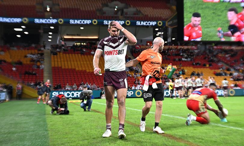 Tom Trbojevic of the Sea Eagles is seen leaving the field injured during the NRL Round 10 match between the Redcliffe Dolphins and the Manly Warringah Sea Eagles at Suncorp Stadium in Brisbane, Thursday, May 9, 2024. (AAP Image/Dave Hunt) NO ARCHIVING, EDITORIAL USE ONLY