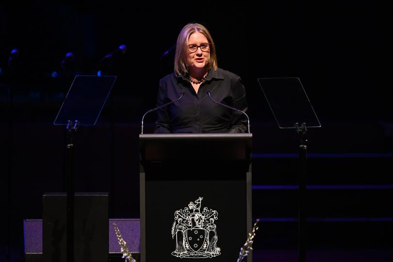 Victorian Premier Jacinta Allan speaks during a State Memorial Service for Harold Mitchell AC at Hamer Hall, in Melbourne, Monday, May 13, 2024. Advertising veteran and philanthropistÊHaroldÊMitchell died aged 81. (AAP Image/James Ross) NO ARCHIVING